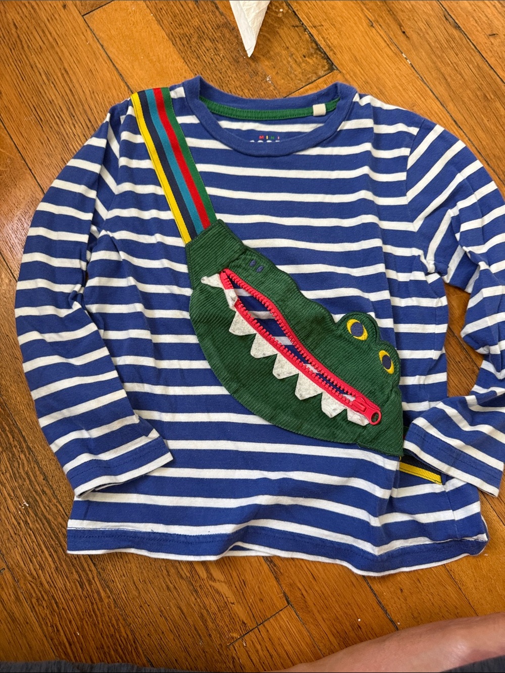 Mini Boden Blue & White Striped Long-Sleeve Top with Green Crocodile Applique